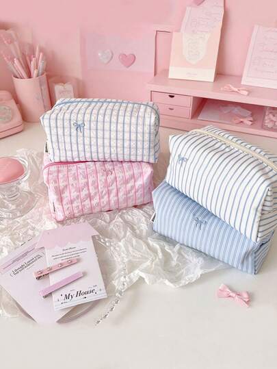 1 PC Striped Checkered Pencil Case For Students, Simple Bow, Large Capacity Stationery Storage Bag, Girls' Portable Pencil Case