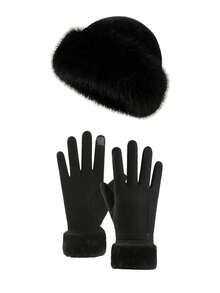 Women's Winter Hat And Touchscreen Gloves Set, Solid Color Elegant Luxury Design, Made Of Faux Fur And Suede-Like Fabric, With Plush Cuffs And Exquisite Metal Buckle - Multicolor - View 8
