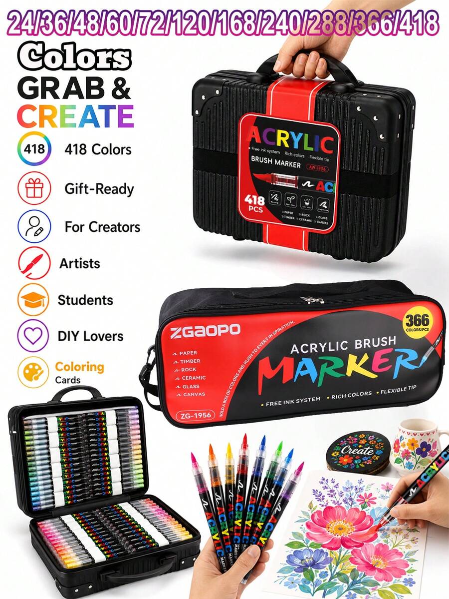 24/36/48/60/72/120/168/240/288/366/418 Colors Acrylic Marker Pen Set, Direct Liquid Soft Tip Painting & Graffiti Pens, Vibrant Colors, Strong Coverage, Perfect For Back To School; Soft & Smooth Tips, Suitable For Painting, Marking, Student Art Learning, Drawing, Craft Making And Office Use