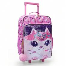BLING BABIES Teens Wheeled Suitcase, Double-Sided Pink Cartoon Kitty Cat Sequins Design, Carry-On Suitcase, Suitable For Weekend Vacation And Travel, Nighttime Reflective - Pink - View 9