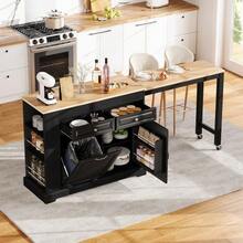 Kitchen Island On Wheels, Extendable Kitchen Island With Dining Area, Waste Bin Compartment And Drawers, Mobile Freestanding Kitchen Island, Ideal For Kitchen And Dining Room (White) - Black - View 2