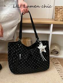 Sweet Polka Dot Soft Fabric Tote Bag, Black Large Capacity Open Top With Metal Ring Strap Connector And Star Keychain For Travel Grocery Trips - Black - View 6