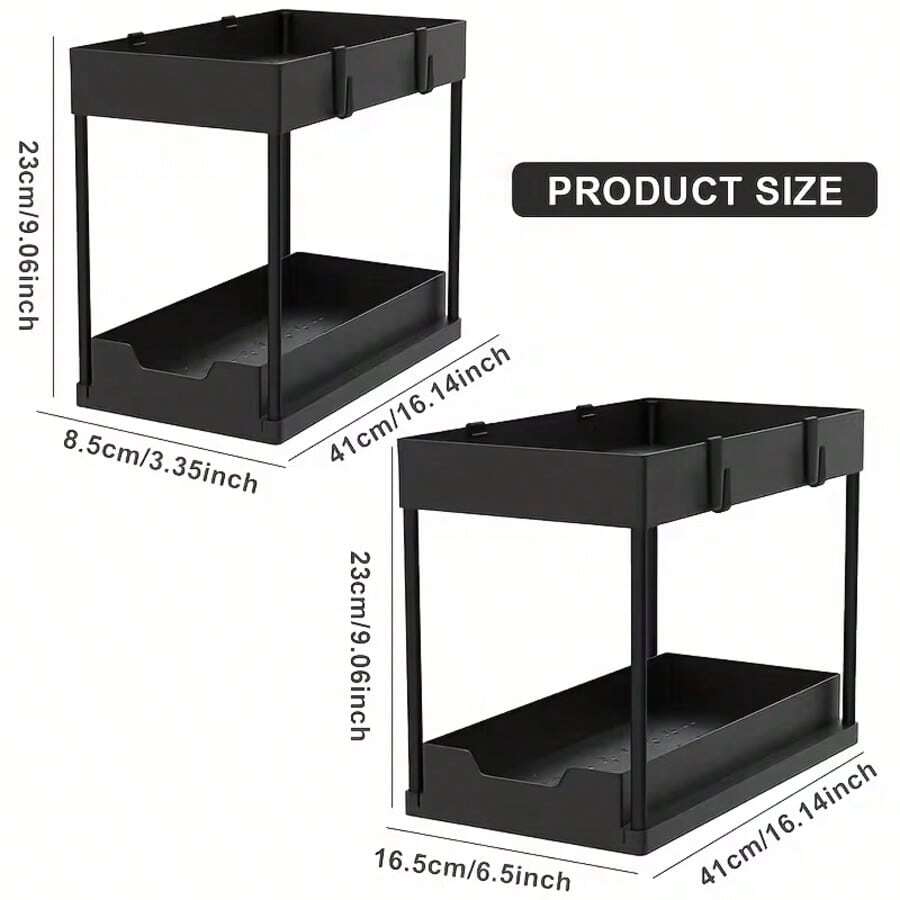 1pc Under Sink Storage Box, Bathroom Cabinet Storage Solution, Double Layer Sliding Basket Drawer, Multi-Function Bathroom Storage Basket, Space-Saving Double Layer Pull-Out Storage Rack - Durable Plastic Kitchen Bathroom Multi-Compartment Design, Suitable For Bottles, Seasonings, Utensils - Easy Access, Neat Countertop Storage For Under Sink Storage, With 8 Hooks - A - View 1
