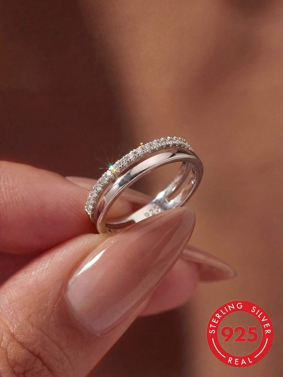 1pc 925 Sterling Silver Vintage Hollow Single Layer Full Rhinestone Ring, Suitable For Women's Daily Wear, Also Can Be Used As Party Accessory Or Gift.