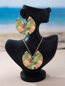 3pcs Set Exaggerated Geometric Circle Pendant Necklace & Stud Earrings Set, Fashionable For Women, Suitable For Party, Banquet And Daily Wear - Green - View 3