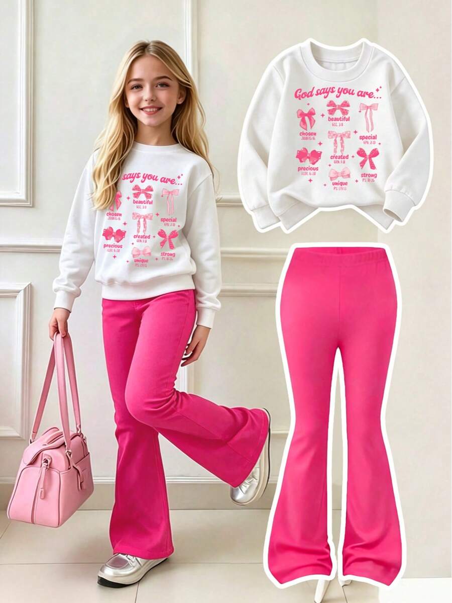 Tween Girl Letter Bow Print Crew Neck Long Sleeve Sweatshirt And Flare Pants Casual Set - Pink - View 1