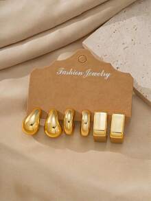 CCB Shiny Gold Geometric Water Drop Square Hoop & Stud Earrings Set, Minimalist Daily Wear Women's Fashion Jewelry - Gold - View 8