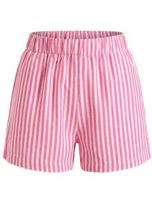 Women Two-Piece Outfits - 2 Beige T-shirt With Pink and White Striped Shorts - View 10