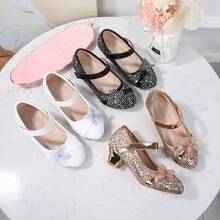 1 Pair Girls' Glitter Round Toe Shoes With 3D Rhinestone Flower Decor, Hook & Loop Strap For Easy Wear And Secure Fit, Casual Versatile Princess Heel Shoes - Black - View 6