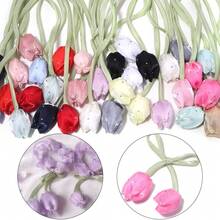 5PCS Rhinestone Studded Tulip Bud Flower Rope Ribbon, Sweet Style 3D Fabric Flower, Party Wedding Daily Wear Hair Accessory Clothing DIY Supplies, Shoe Hat Bag Decoration, Gift Packaging Decoration For Elders, Handmade Floral Craft Material - Tulip - View 3