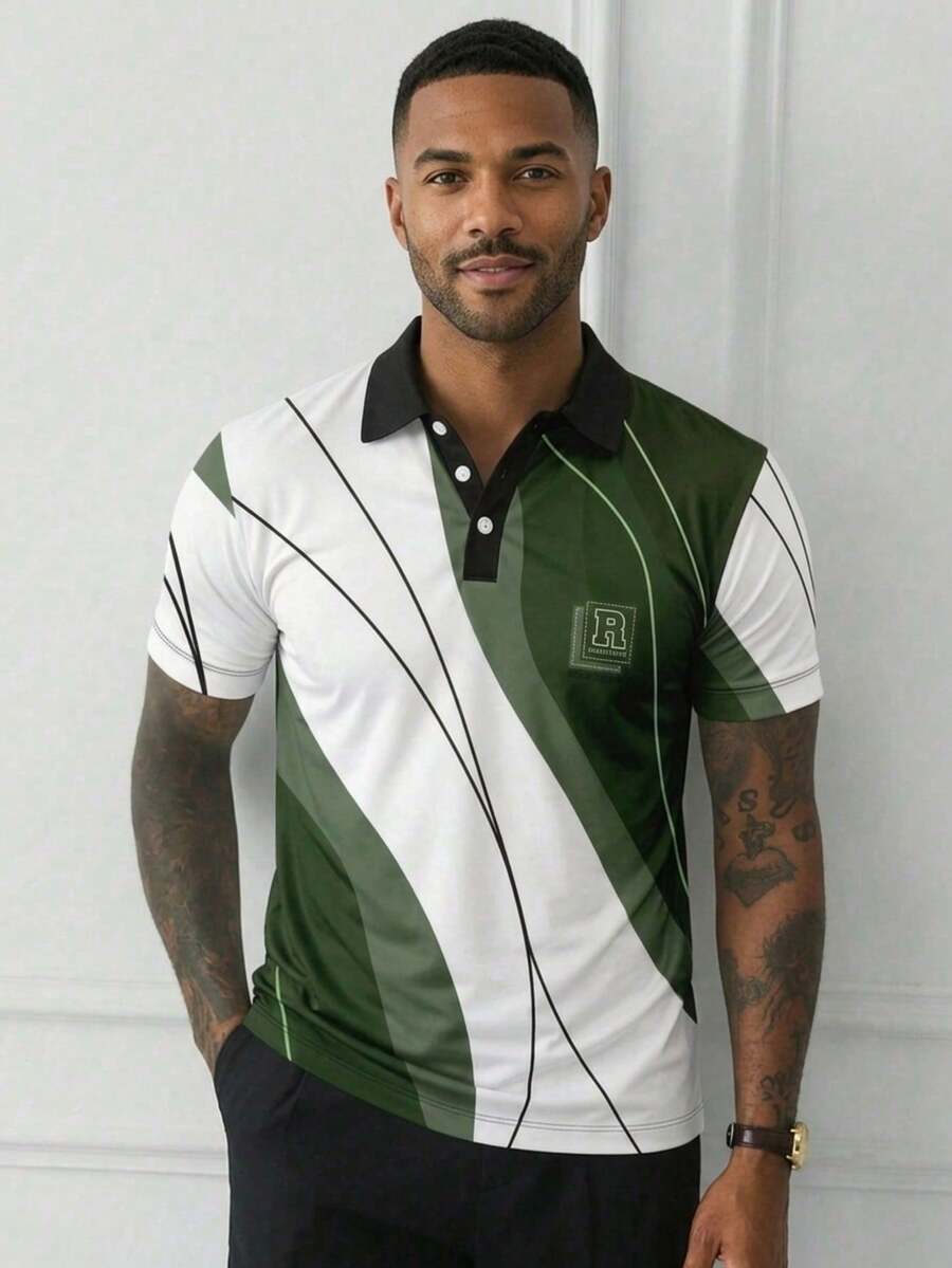 Men's Business/Casual Short Sleeve Letter Print Polo Shirt, Suitable For Daily Wear, Spring/Summer - Green - View 1