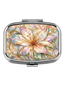 1pc Metal Pill Box With Glitter Lily Flower Pattern, Portable Dual Compartment Small Box, Divided Design For Easy Organization Of Pills And Jewelry, Pocket Size Space-Saving - Multicolor - View 2