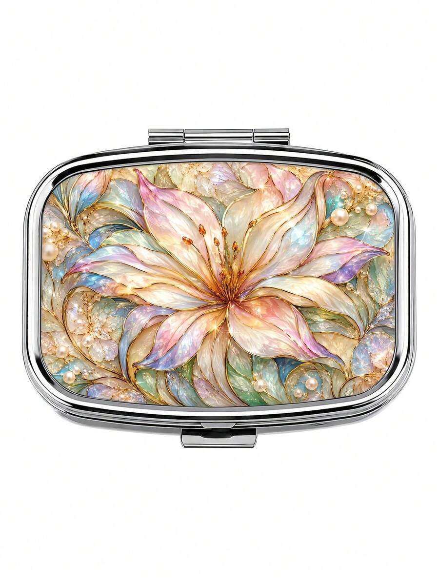 1pc Metal Pill Box With Glitter Lily Flower Pattern, Portable Dual Compartment Small Box, Divided Design For Easy Organization Of Pills And Jewelry, Pocket Size Space-Saving