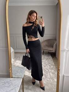 ODALIA Women's Elegant Black 2-Piece Set, One-Shoulder Long Sleeve Cropped Top Paired With Elegant Slim-Fit Long Skirt, Decorated With Semi-Transparent Lace And Hollow-Out Design, Summer Casual 2026 New Arrival, Fall Set, Women's Autumn/Winter Clothing, Women's Elegant Outfit, Back To School - Black - View 3