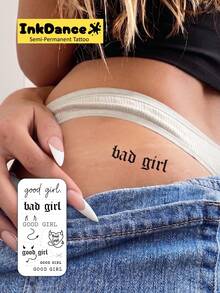 1套「Good Girl & Bad Girl」顛覆新科技紋身貼紙，甜辣風格，哥德風，半永久紋身貼紙，叛逆性感迷人，臨時紋身貼，仿真紋身，防水持久，InkDance 真實墨色，Ink Dance 天然植物配方，禮物 X015 - 黑色 - 查看 2