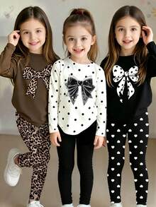 Random 6pcs/Set Girls Casual Fashion Cute Bow, Polka Dot, Heart, Leopard Print Long Sleeve And Leggings Set, School, Back To School Comfortable Daily Wear - Multicolor - View 8