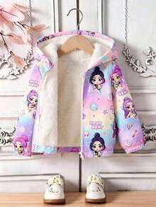 Baby Girl Cartoon Print Warm Hooded Jacket - Purple - View 9