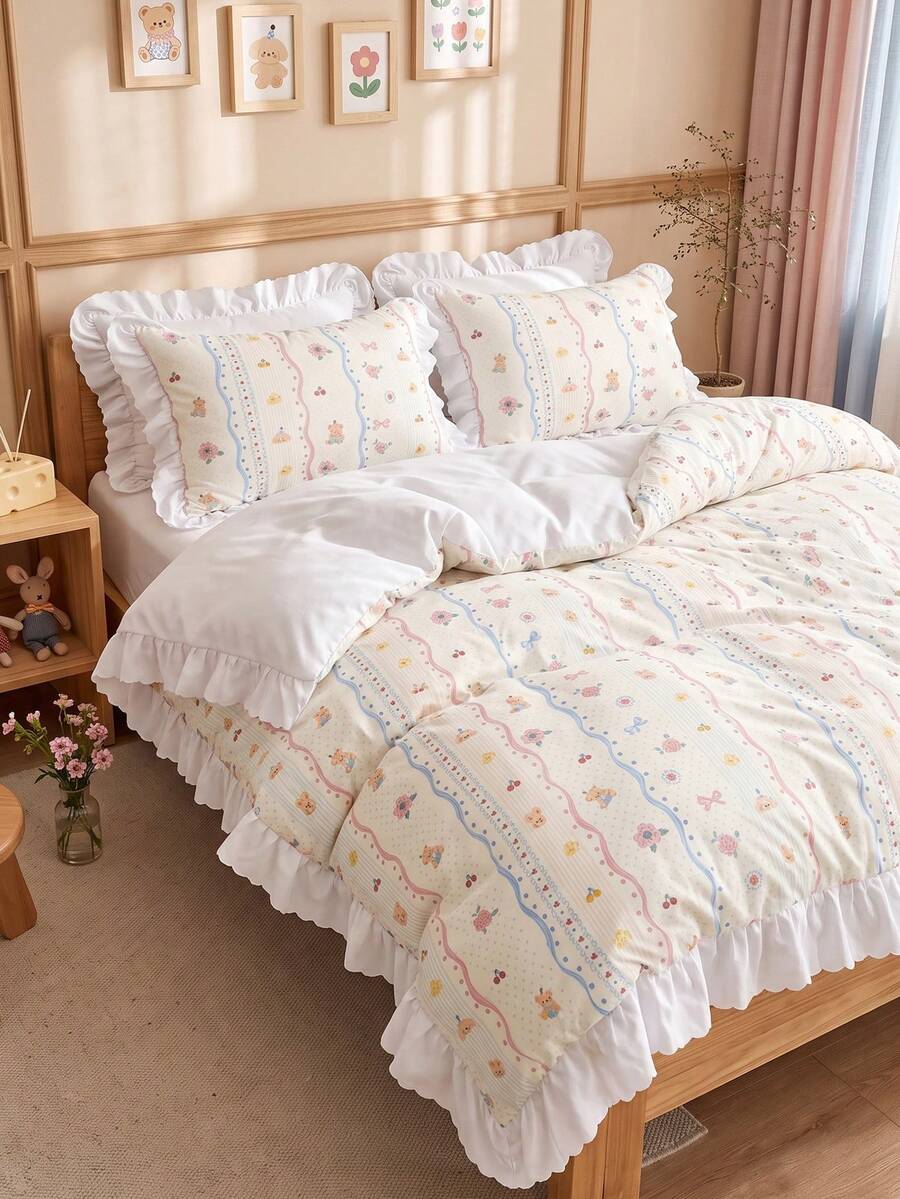 2/3pcs Ruffle Duvet Cover Set, Dorm Bedding, Sweet Floral Bedding Set, Cozy Room Decor, Skin-Friendly Breathable, Ultra Soft Anti-Pilling, No Duvet Insert, Suitable For Single/Double/Queen/King Bed, All Season, Machine Washable, Back To School