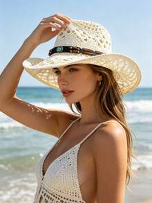 1 pieza Sombrero de paja de vaquero occidental blanco crema con ganchillo hueco, decoración de hebilla de cuero turquesa bohemio, ala ancha tejida transpirable y llamativa para protección solar, estilo vintage de vacaciones que favorece el rostro, adecuado para salidas a la playa y festivales de música - sombrero de paja - Ver 4