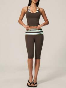 TimeOff Women's One Set Striped 2 In 1 V-Neck Halter Tank Top With Folded Waistband Shorts Gym Sports Set - Brown - View 8
