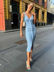 Fall Elegant Blue Casual Vacation Formal Dress, Slit Button-Up Spaghetti Strap Fitted Knit Dress - Baby Blue - View 8