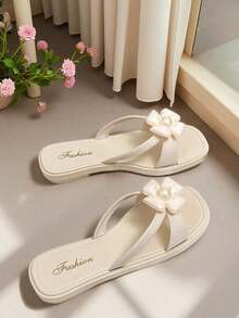 punta abierta, sandalias de mujer, casual de verano, chanclas de mujer, exterior, playa, slip-on, sandalias de mujer, decoración de lazo, verano, zapatos elegantes de mujer, viaje, vacaciones, mujer, chanclas de mujer, sandalias de mujer, sandalias blancas para mujer, zapatos de mujer, verano, chanclas, sandalias - Beis - Ver 2