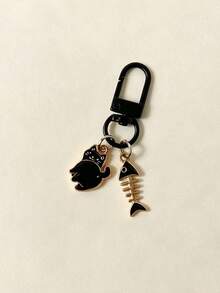 1pcCute Cat Fish Bone Keychain Black White Couple Bag Charm Cartoon Pendant Gift For Girls - Multicolor - View 5