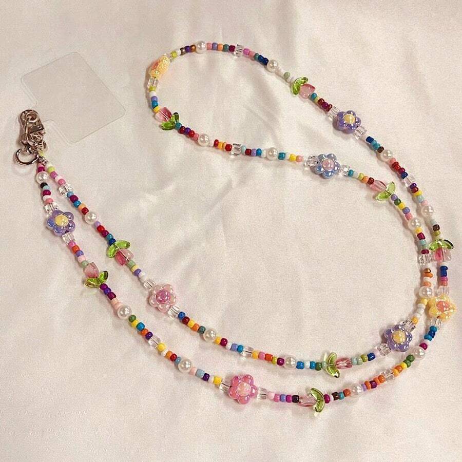 1pc New Tulip Floral Phone Lanyard Strap With Detachable Hook, Beaded Bag Chain, INS Style - Multicolor - View 1