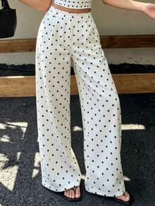 Damen Langhose für Frühling, Sommer und Herbst, lässige modische Polka-Dot-Hose mit weitem Bein, lockerer Passform, gerade geschnittene weite lange Hose im französischen eleganten Stil, geeignet für Shopping, Urlaub, tägliche Pendelfahrten und Schulanfang - Weiss - Übersicht 3