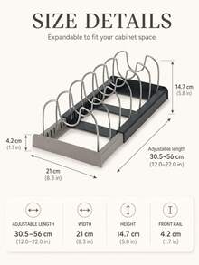 1 Set Expandable Pot And Pan Organizer With 7 Adjustable Dividers, Rustproof Stainless Steel Cookware Rack With Non-Slip Silicone Pads For Pot Lids, Frying Pans, Baking Sheets, Trays And Cutting Boards, Kitchen Cabinet And Countertop Storage - Black - View 8