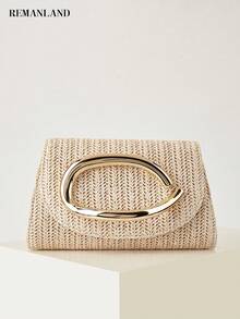 REMANLAND Women's Woven Clutch Bag, Beige Solid Color, Summer Vacation, Beach, Holiday Essential, Suitable For Business, Commute, Casual, Minimalist Style, Beach - Apricot - View 9