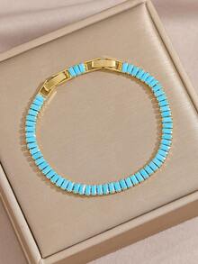 1pc Copper Zirconia Decorated Classic Tennis Chain Bracelet, Multi-Size Turquoise Inlaid Design Bracelet, Minimalist Versatile Style, Suitable For Women's Daily, Bar, Travel And Other Occasions - Gold - View 3