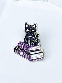 Black Cat Book Brooch Cute Gothic Enamel Pin Witchy Style Badge For Backpack Jacket Decoration - Black and White - View 2