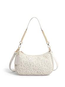 Gentle, Sweet And Fashionable Solid Color Shoulder Bag, Chain Shoulder Strap Splicing Design, Elegant And Exquisite Atmosphere Crossbody Bag. - White - View 5