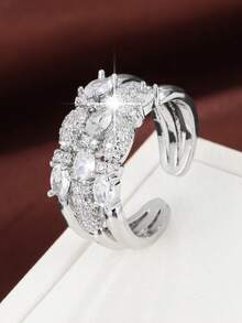 1pc Women's Fashion Multi-Layer Open Adjustable Ring, Full Rhinestone Stackable Design, Versatile Elegant Finger Jewelry For Party And Commute - Open Ring - View 2