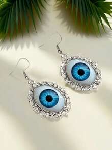 Boucles d'oreilles pendantes vintage en argent antique avec globe oculaire creux, accessoires de bijoux gothiques sorcière horreur Halloween, convient aux femmes et aux filles, style punk bizarre, cadeau - Œil bleu - Voir 3