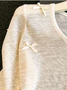 Women's Bowknot Ruffle Lightweight Knit Cardigan, French Girl Gentle Style Top - Apricot - View 7