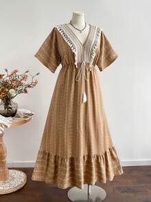 Rusttydustty Women's Plus Size Camel Print V-Neck Tassel Bohemian Vintage Maxi Dress, Suitable For Autumn And Halloween Elegant Summer - Camel - View 1