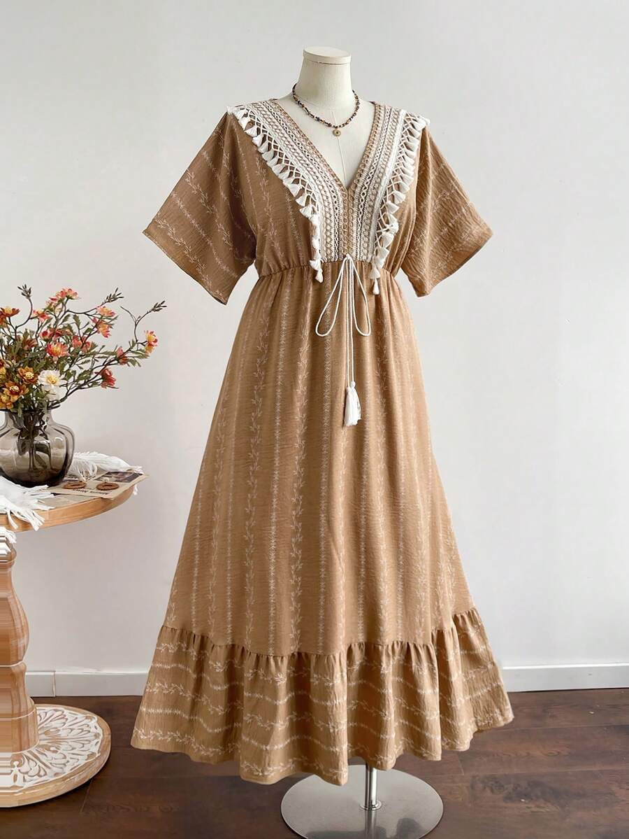 Rusttydustty Women's Plus Size Camel Print V-Neck Tassel Bohemian Vintage Maxi Dress, Suitable For Autumn And Halloween Elegant Summer - Camel - View 1