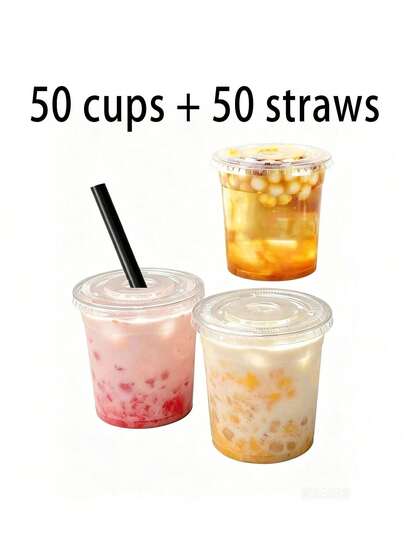 100/50/20/10pcs Transparent Party Cups, Water Cups With Lids And Straws, Coffee Cups, Beverage Cups, Suitable For Milk Tea, Coffee, Cold Drinks, Fruit, Ice Cream, Perfect For Gatherings, Parties And Outdoor Activities, Outdoor Beverage Cups.