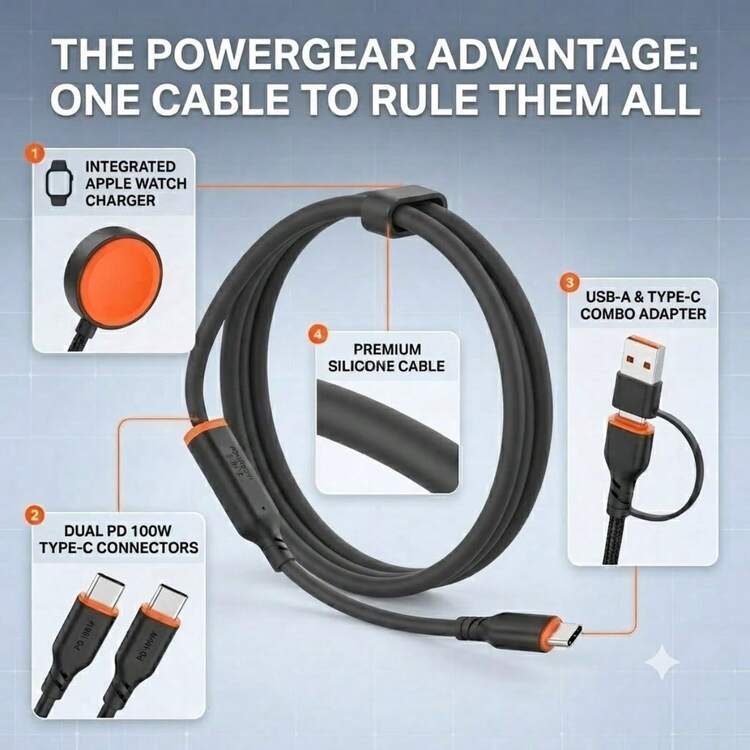 100W 5 In 1 Multi-Functional Fast Charging Cable Portable Travel Charger Cord Compatible With IPhone, All Series & All Kinds Of Electronic Devices Multi-Device Integrated Charging Wire - Orange - View 2