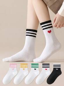ZUJO 5 Pairs Women's College Style Mid-Calf Socks, Heart Stripe Pattern Short Socks Sports Socks, Simple And Comfortable, Suitable For All Seasons - Multicolor - View 3