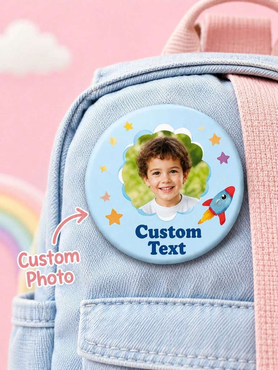 1 pieza Insignia redonda personalizada con foto y nombre, diseño lindo de cohete espacial, botón broche con foto personalizada para mochila, chaqueta, bolsa escolar, cumpleaños - Multicolor - Ver 1