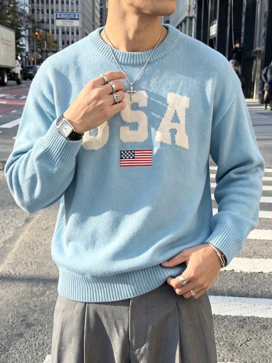 ANDREILEE 男士圓領長袖寬鬆版型中性休閒時尚街頭風美國國旗 UAS 字母針織套頭毛衣 秋冬款 - 淺藍色 - 查看 1