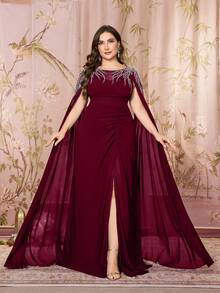 SUPGIR Round Neck Leaf Pattern Heavy Beaded Embroidery Decorated Elegant Chiffon Formal Evening Gown - Burgundy - View 1