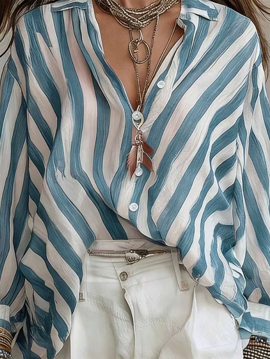 Kemeja Lengan Panjang Wanita Ukuran Besar Motif Garis-garis dengan Kancing Depan - Blue and White - View 1