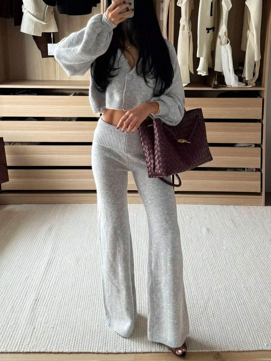 Grey Knit 2 Pieces Set, Cropped Button-Up Cardigan + Wide Leg Pants Slouchy Outfit Fall - Grey - View 1