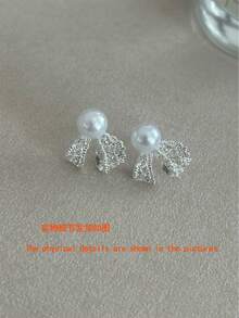 1 Pair Delicate Lace Bow Pearl Earrings, Luxury Elegant Design Versatile Earrings For Women - Silver - View 2