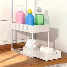 1pc Under Sink Storage Box, Bathroom Cabinet Storage Solution, Double Layer Sliding Basket Drawer, Multi-Function Bathroom Storage Basket, Space-Saving Double Layer Pull-Out Storage Rack - Durable Plastic Kitchen Bathroom Multi-Compartment Design, Suitable For Bottles, Seasonings, Utensils - Easy Access, Neat Countertop Storage For Under Sink Storage, With 8 Hooks - A - View 4