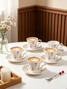 6-Piece (1 Set 90ml) Ceramic Coffee Cup And Saucer Set, Tulip Pattern, Microwave And Dishwasher , Includes Espresso Cup And Arabic Coffee Cup, Suitable For Afternoon Tea, Cafe, Kitchen And Home Decor - Multicolor - View 5